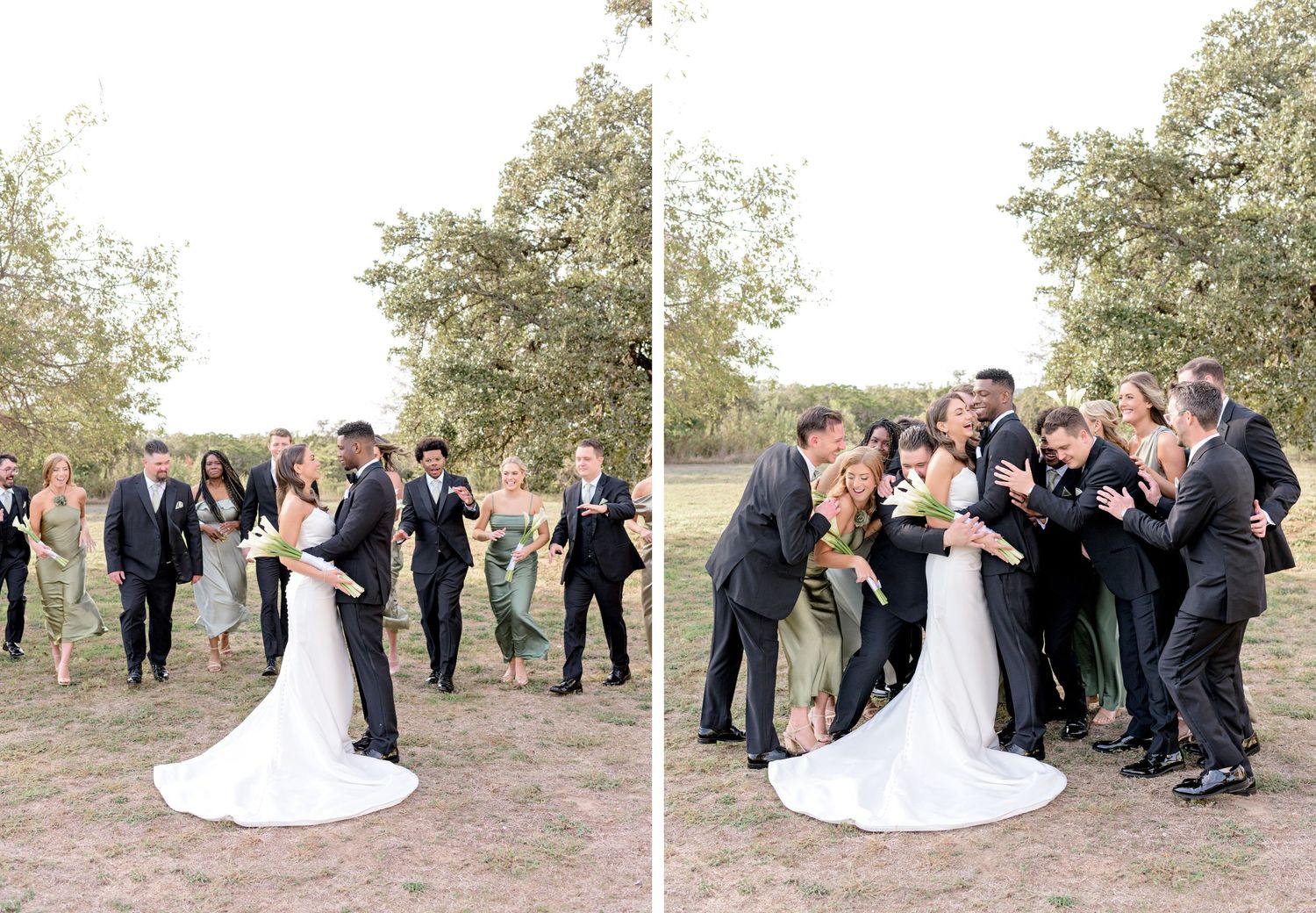 Wedding party celebrating and posing for fun group photos in an outdoor setting.