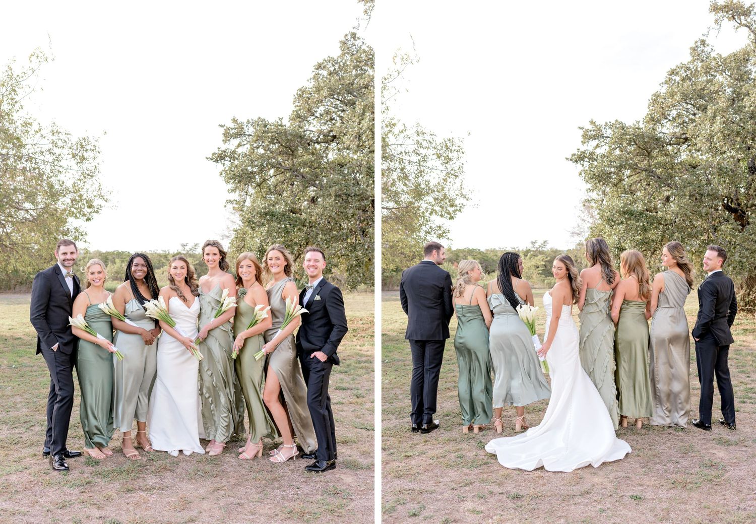 Wedding party gathered for formal portraits in an outdoor natural setting.