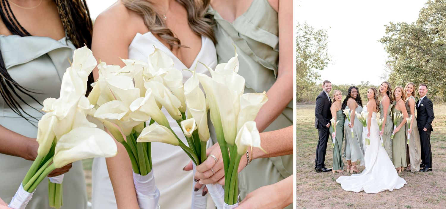 Wedding party holding elegant white calla lily bouquets outdoors.