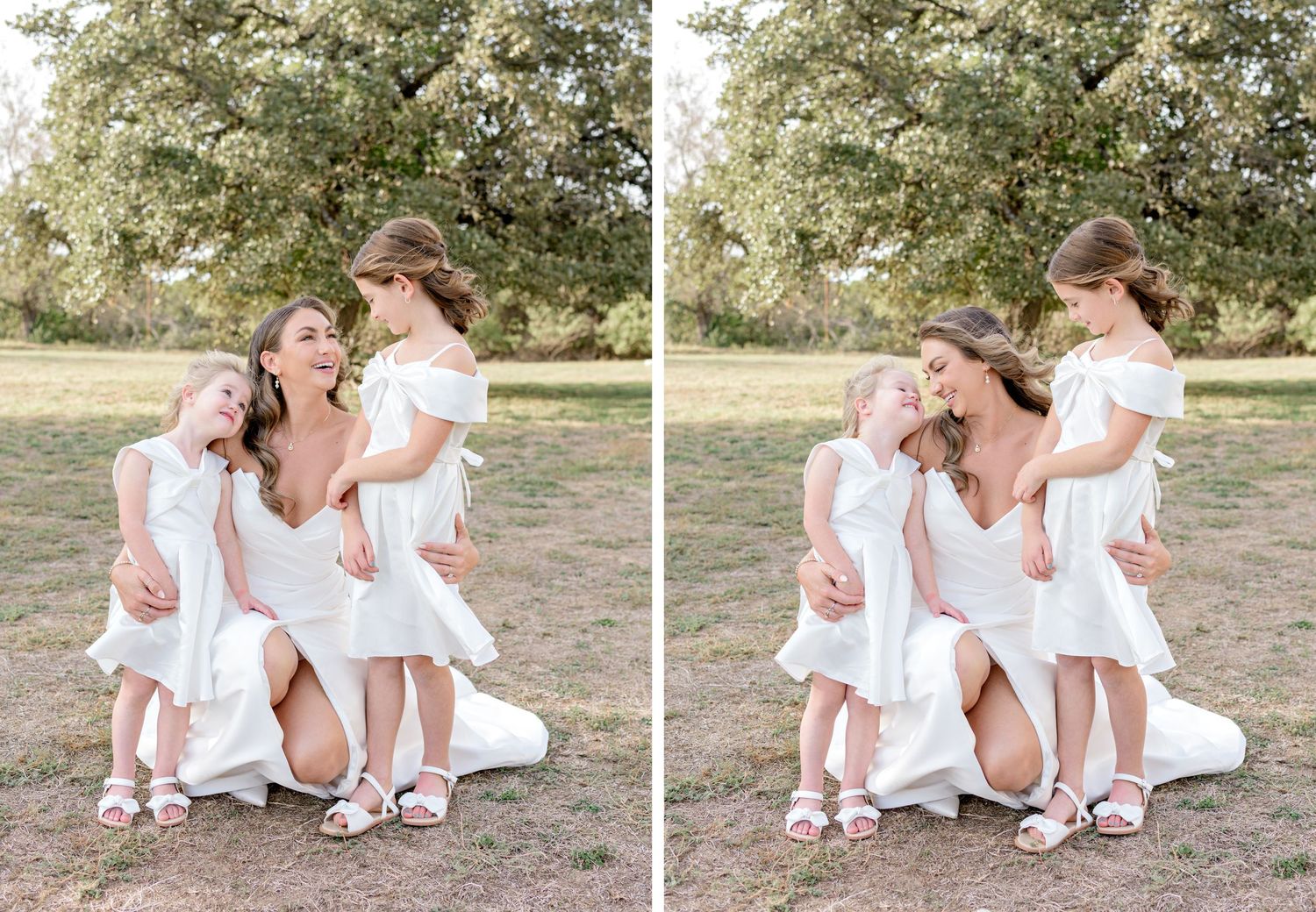 Sweet candid moments captured between family members in white dresses outdoors.