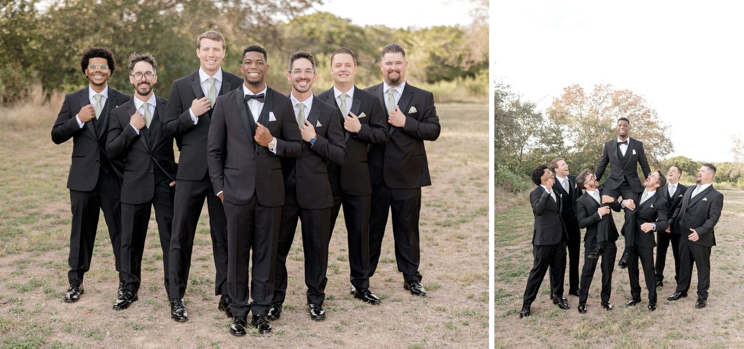 Wedding party groomsmen having fun and posing playfully outdoors.