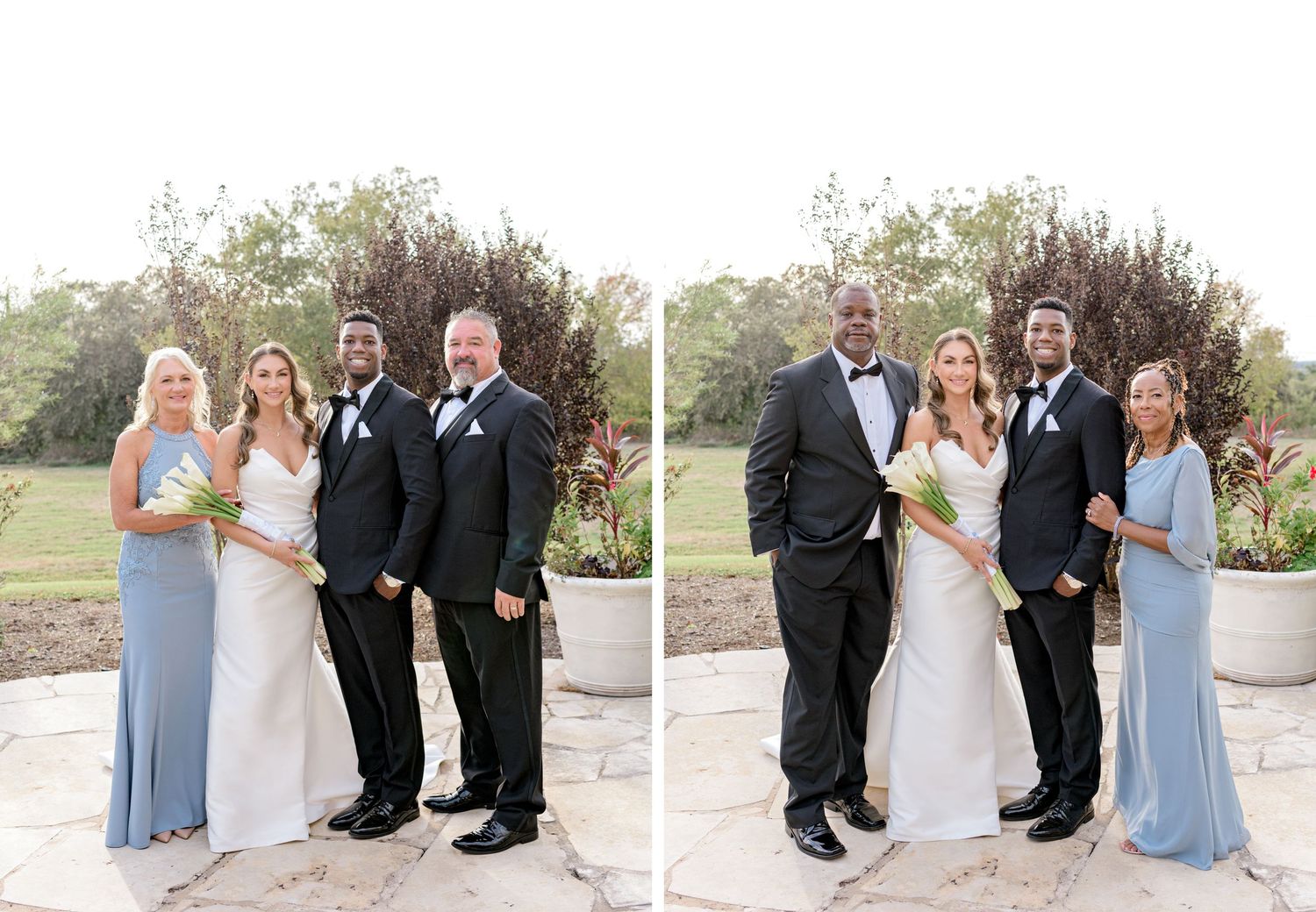 Side-by-side wedding party portraits with bridesmaids in light blue dresses and groomsmen in black tuxedos.
