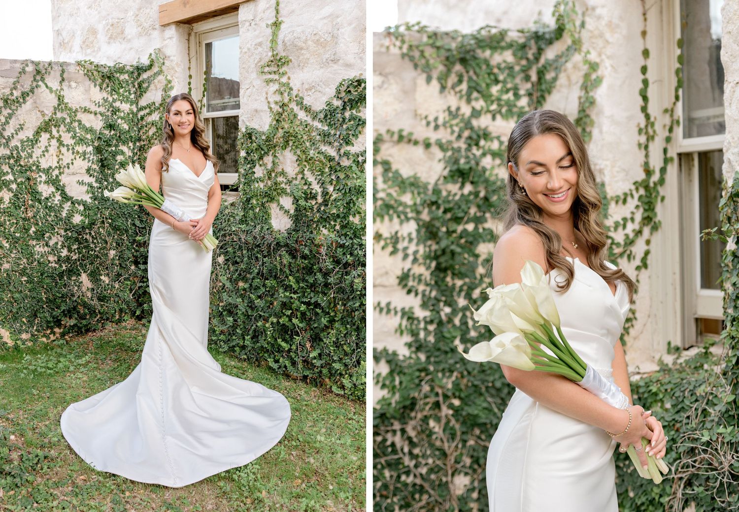 Side-by-side bridal portraits showing elegant white wedding dress and calla lily bouquet against vintage building.