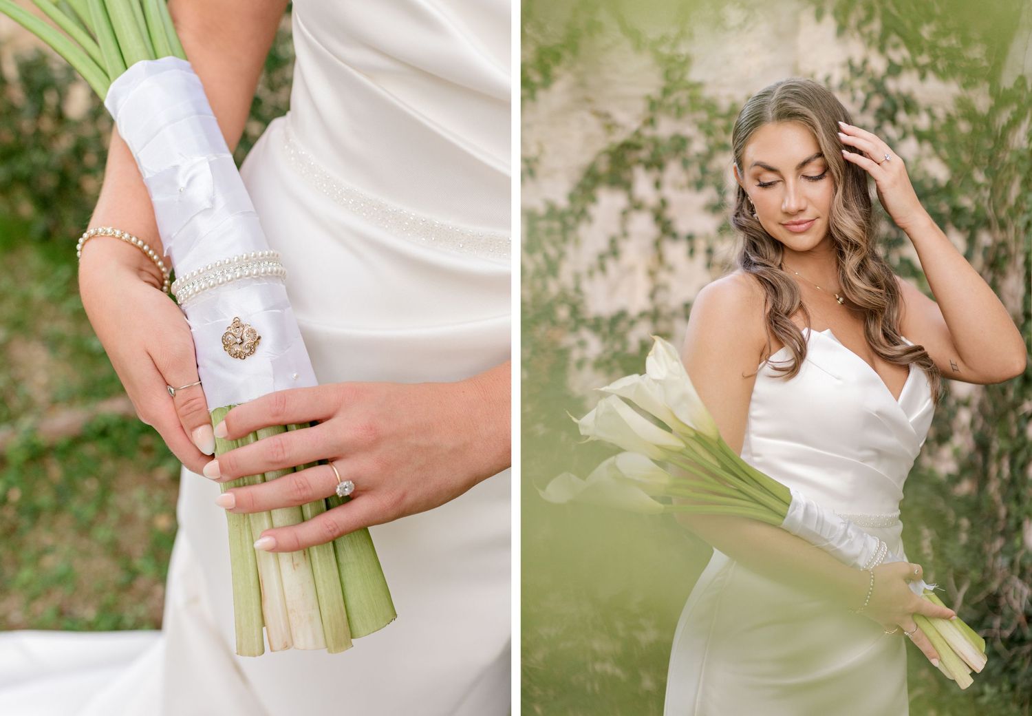 Detail shots of bridal bouquet wrap and romantic portrait with calla lilies in garden setting.