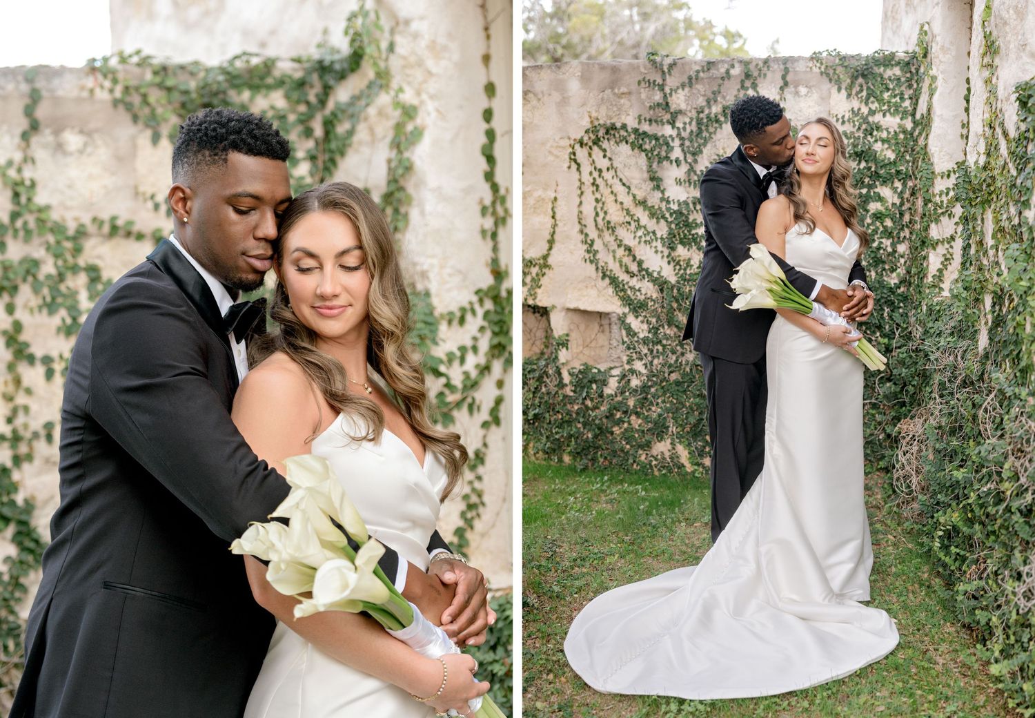 Intimate wedding couple portraits showing tender moments against ivy-covered wall backdrop.