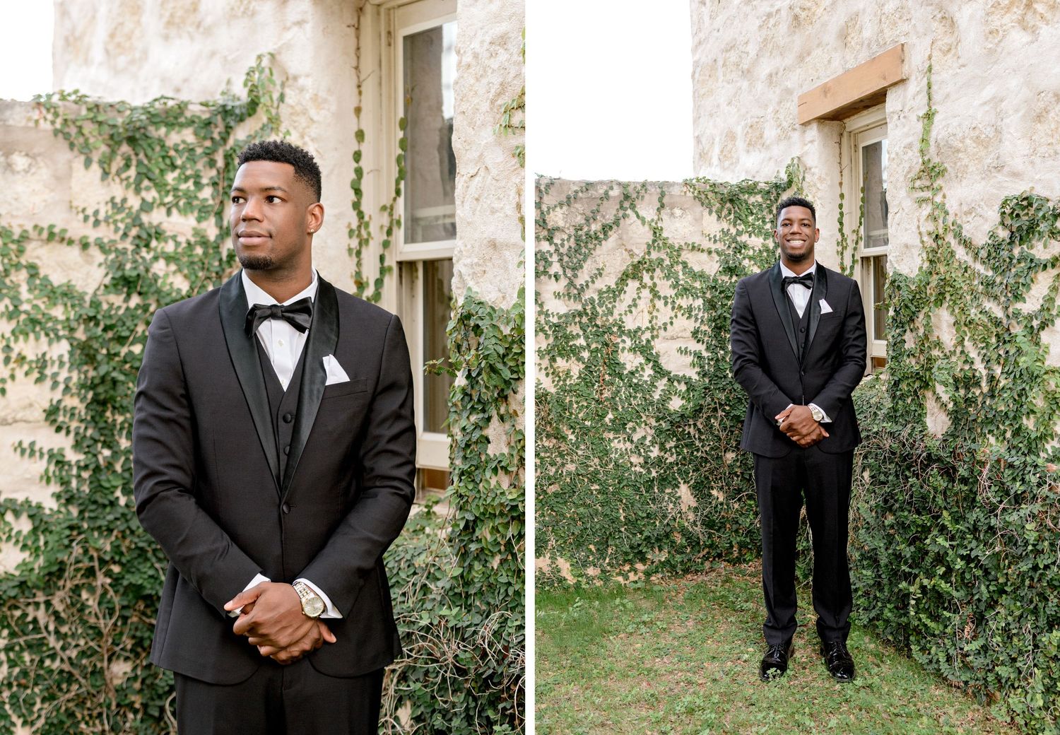 Classic formal portraits of a groom in a black tuxedo and bowtie against a stone wall with greenery.