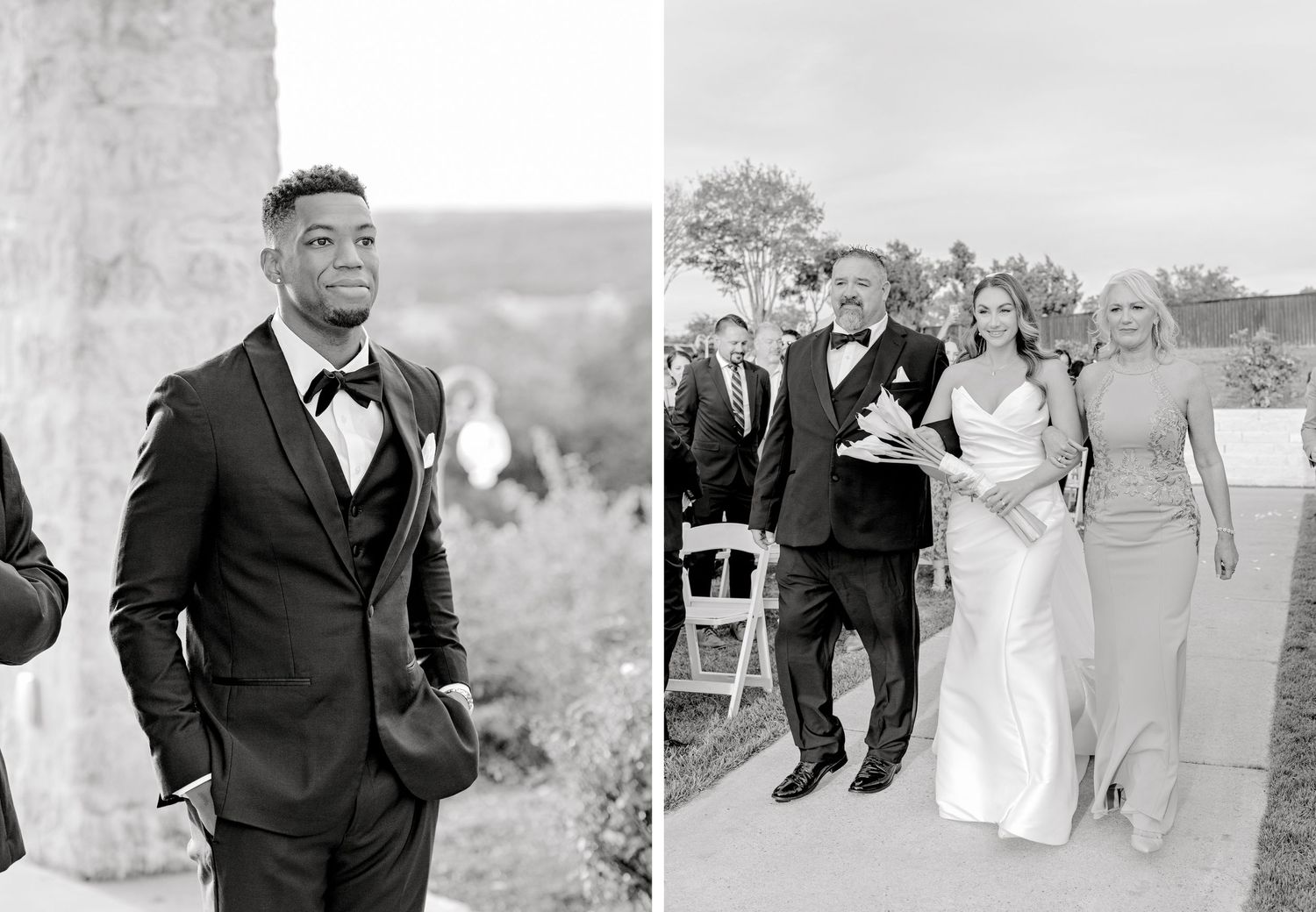 Black and white wedding photographs showing formal moments from an outdoor celebration.