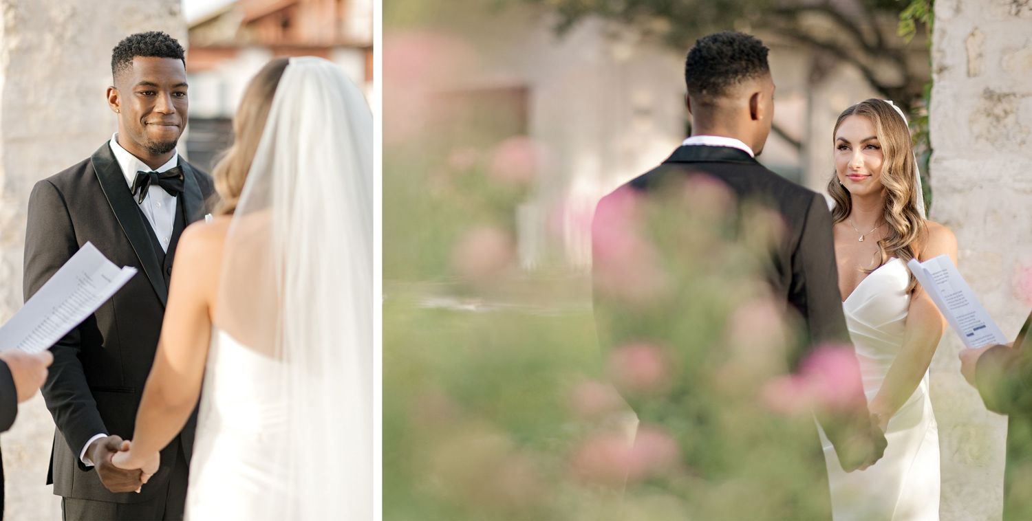 Intimate first look wedding moments captured through soft focus foliage.