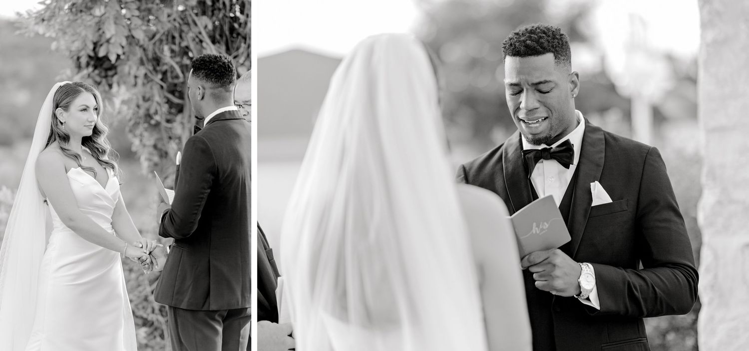 Black and white emotional wedding ceremony moments captured in portrait style.