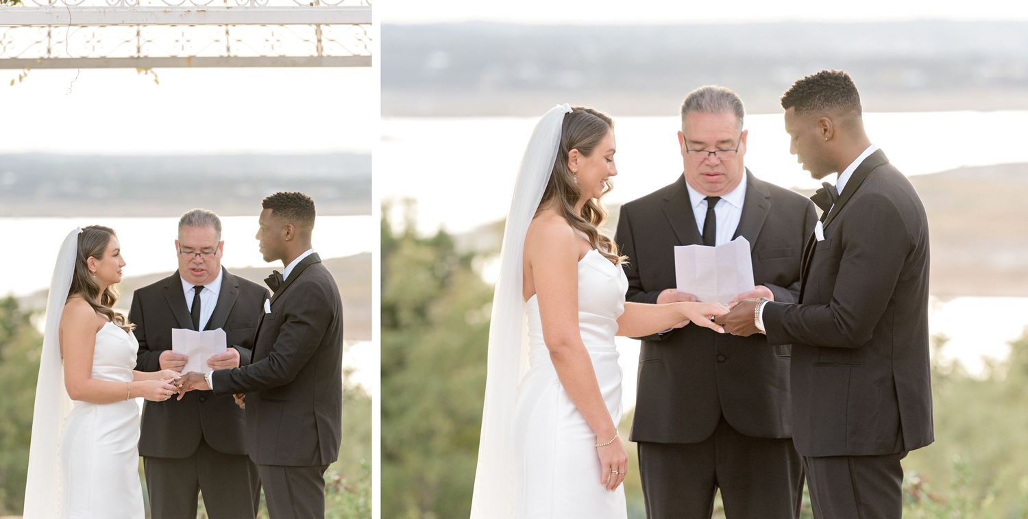 A wedding ceremony takes place outdoors with the officiant reading from papers during the service.