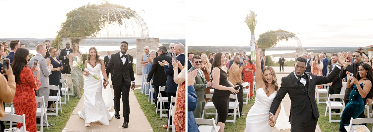 A joyous wedding recessional with the newlyweds walking down the aisle at sunset.