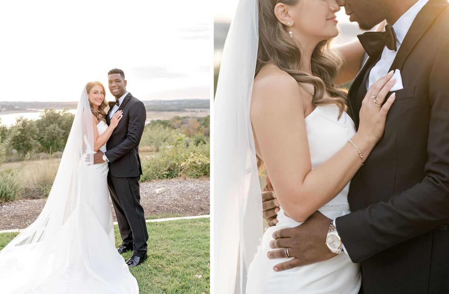 Intimate wedding portraits captured against a natural landscape setting.