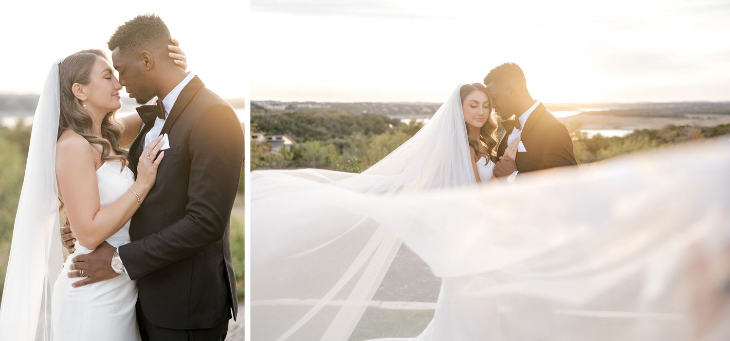Sunset wedding portraits with flowing veil against a scenic lake backdrop.