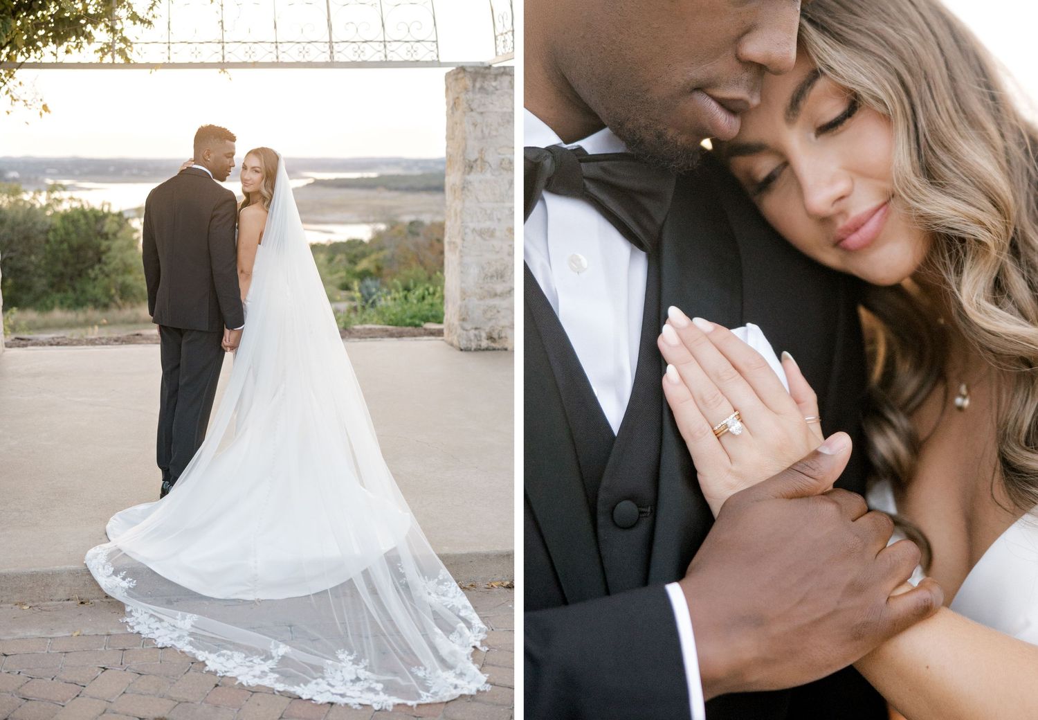Wedding couple shares romantic moments in a scenic outdoor venue.