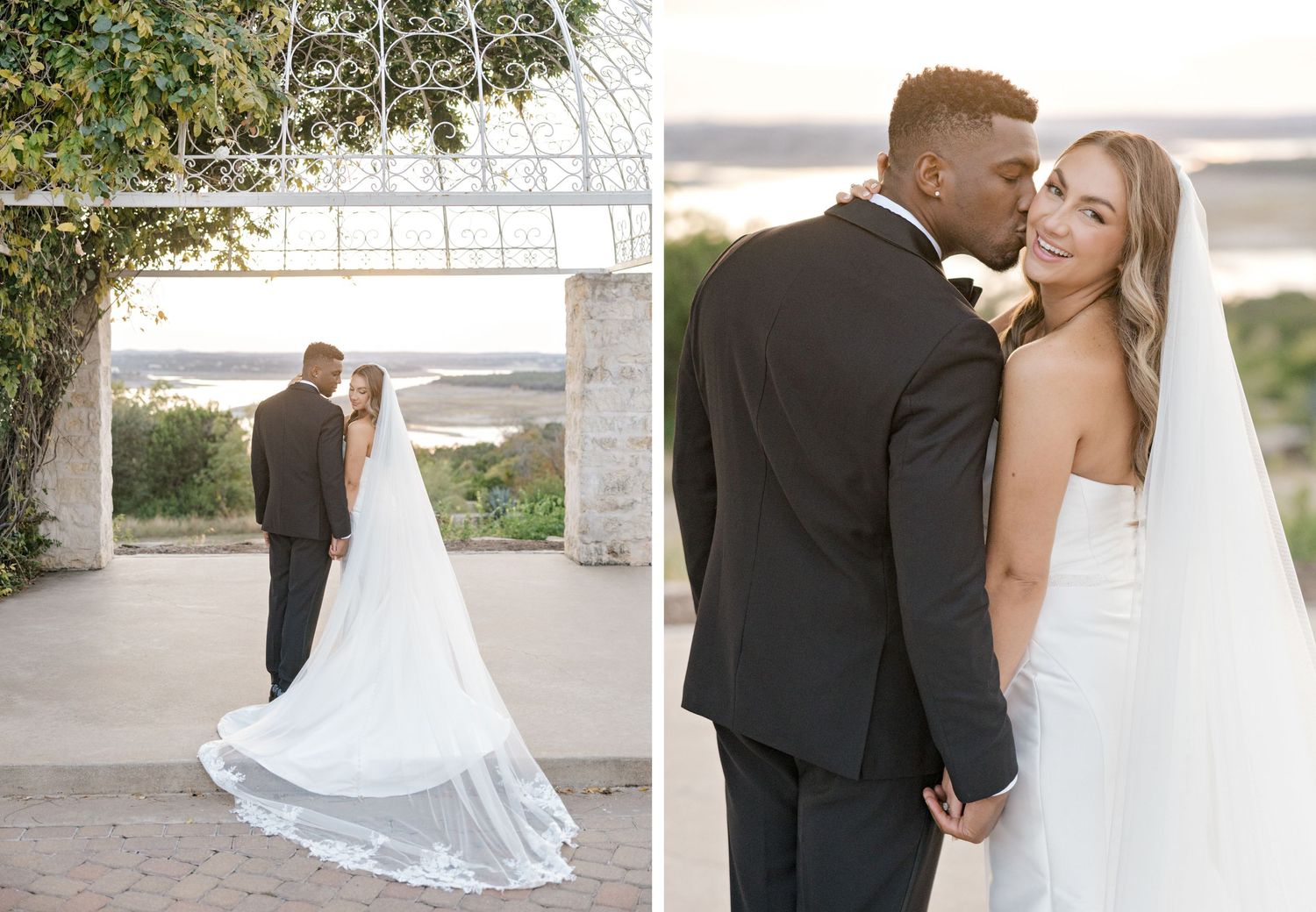Wedding couple poses for romantic sunset portraits in garden setting.
