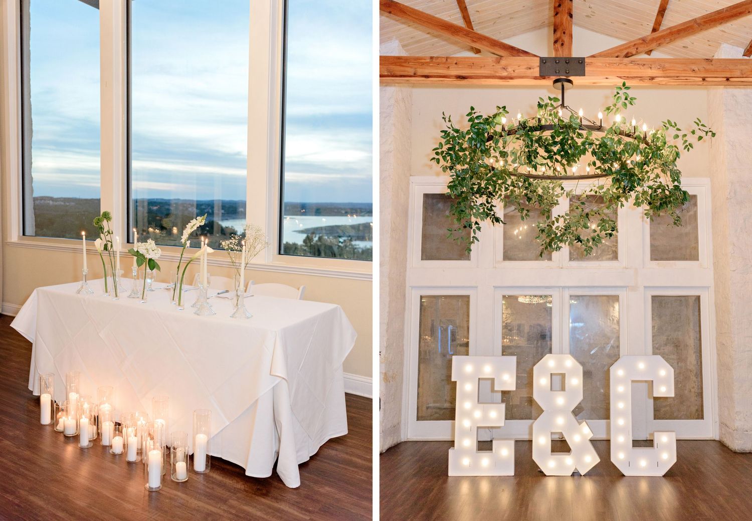 Wedding reception decor featuring illuminated letters and candlelit sweetheart table.