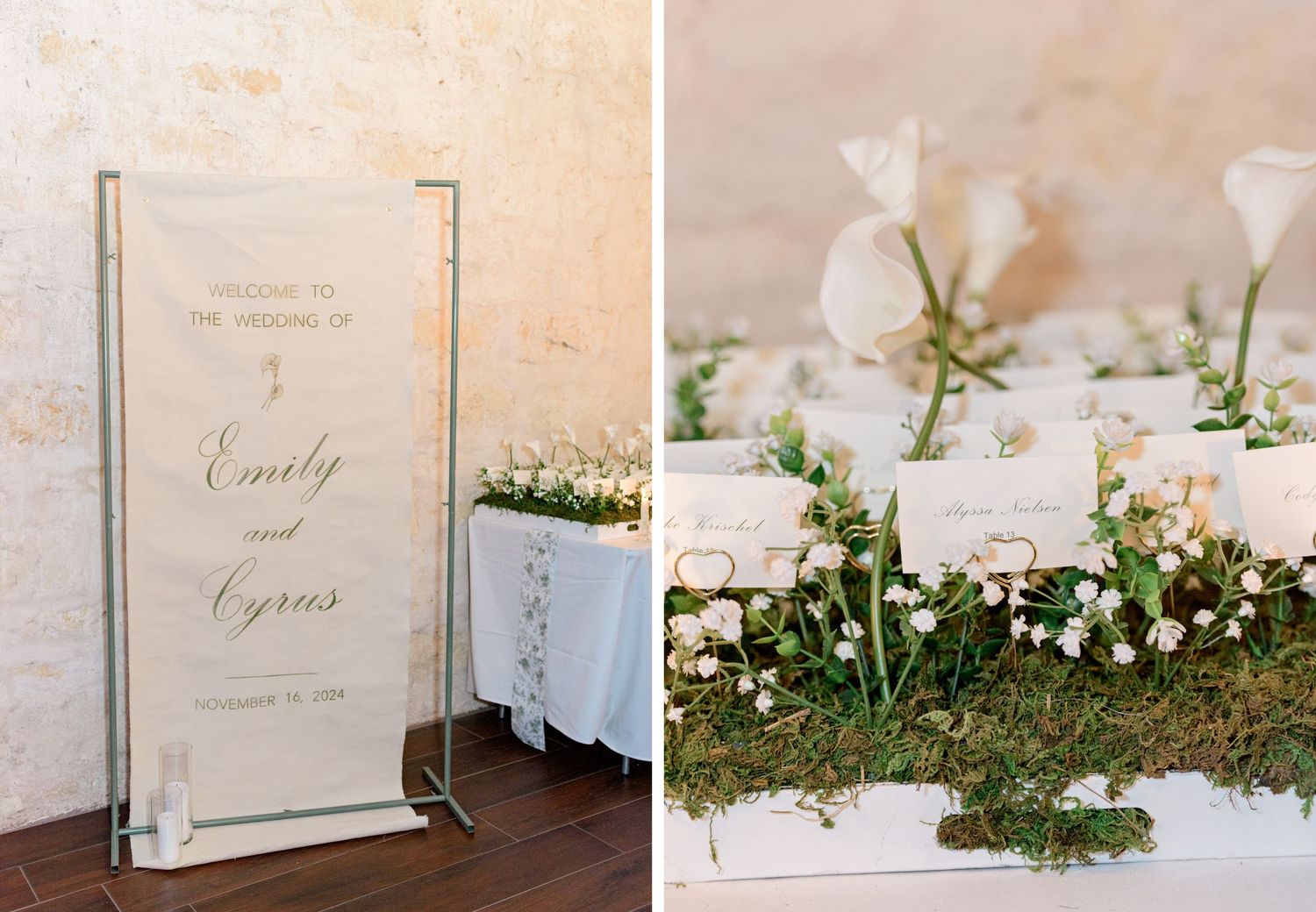 Modern acrylic wedding welcome sign and delicate floral place cards.