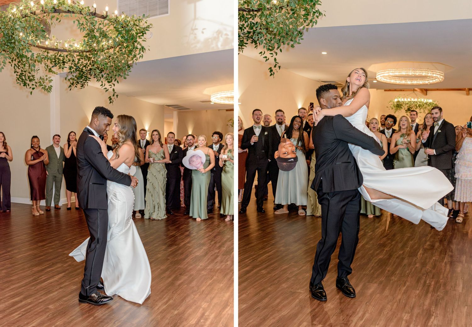 Romantic first dance in ballroom with dramatic lift sequence under greenery decor.