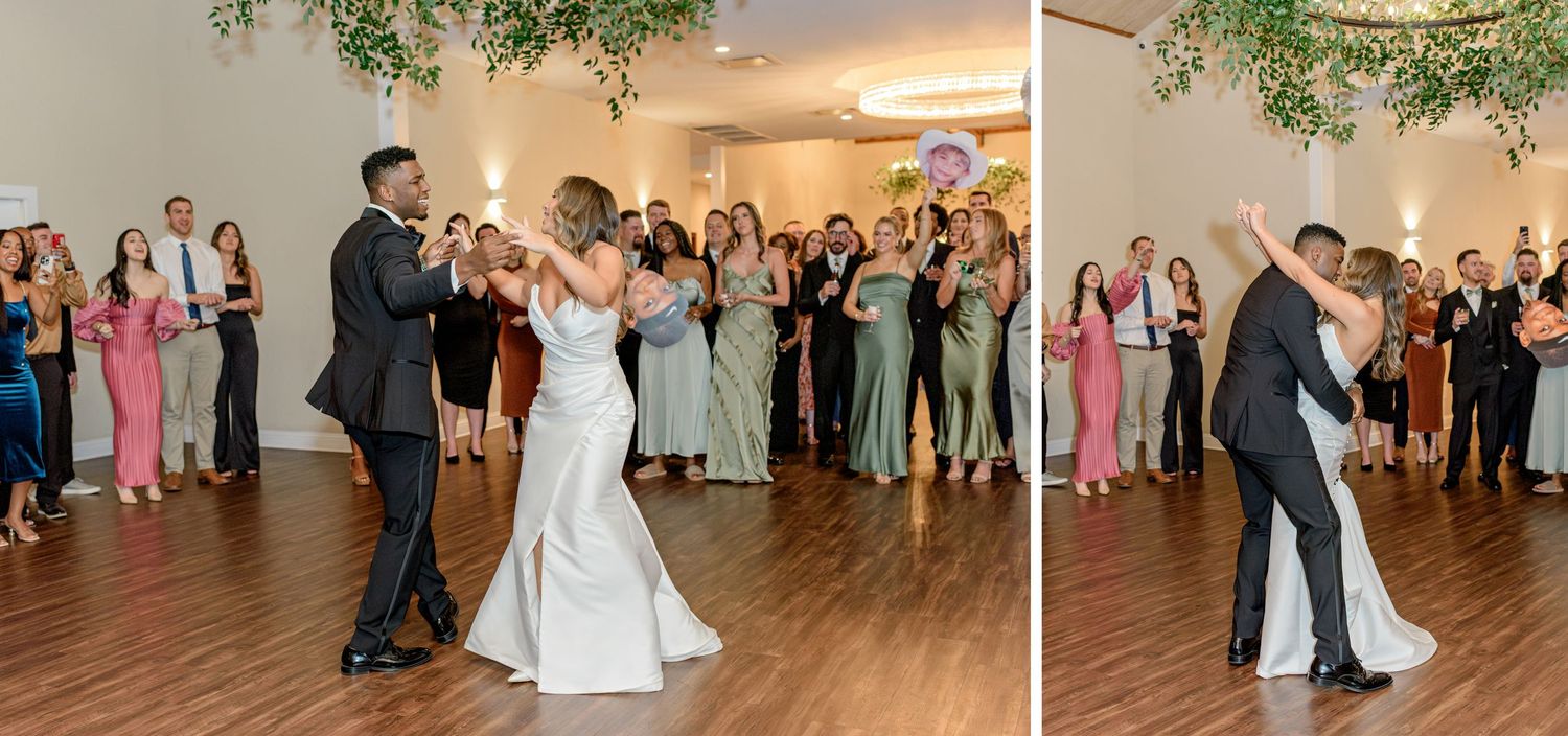 Wedding couple shares a joyful dance moment with guests watching in background.