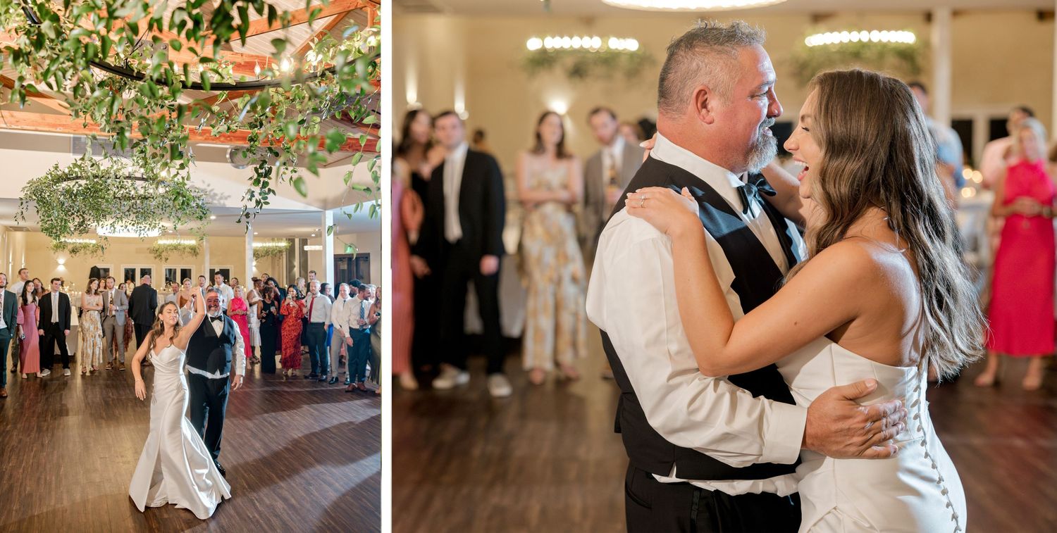 Wedding reception dance captured in romantic moments on hardwood floor with guests looking on.
