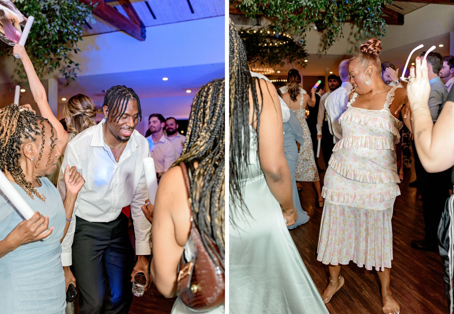 Split image of wedding guests dancing and celebrating under blue lighting and greenery decor.
