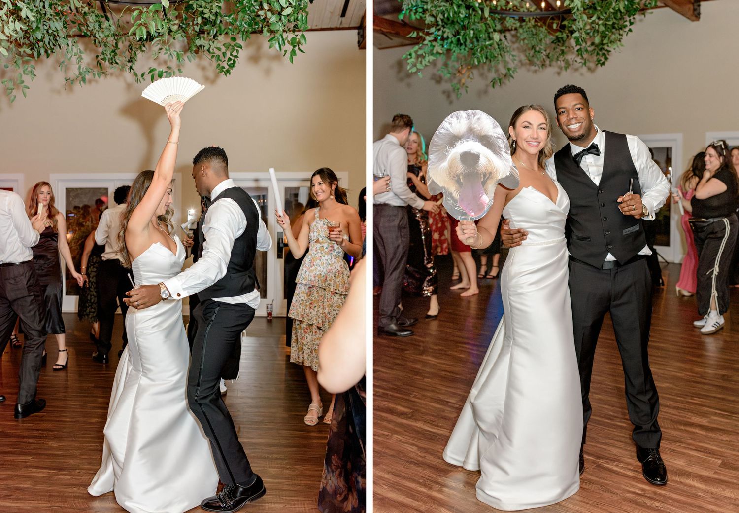 Split photo showing celebratory dance moves at a wedding reception with hanging greenery decorations.