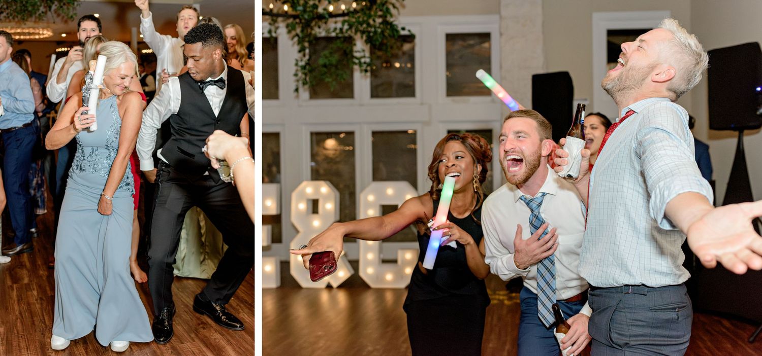 Group of wedding guests dancing and celebrating with energetic expressions at an indoor reception.