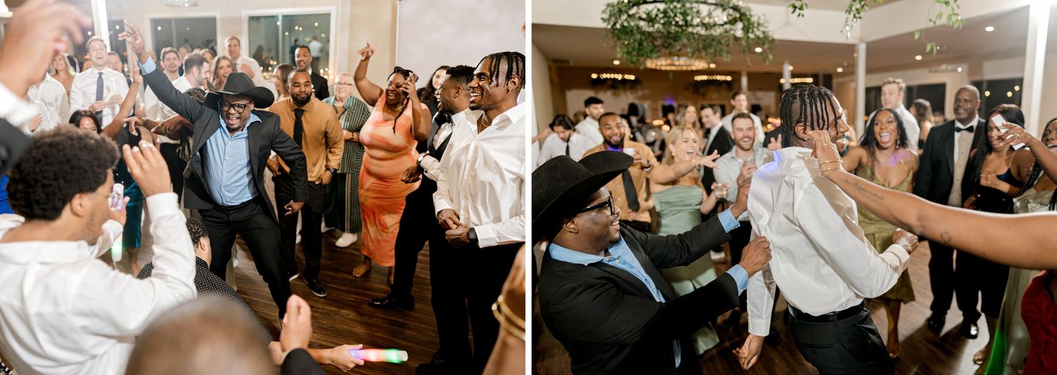 Split images capturing enthusiastic dance party moments at a wedding reception.