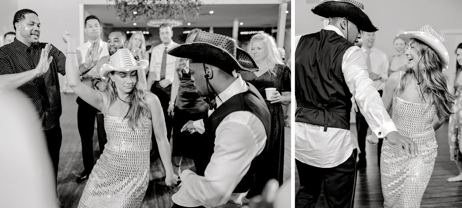Black and white split images of energetic dancing moments at a wedding celebration.