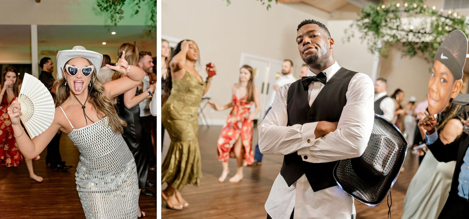 Wedding reception dance floor filled with guests dancing and celebrating.