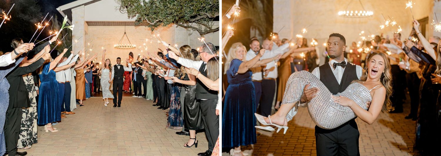 Wedding couple exit through sparkler tunnel with guests cheering.