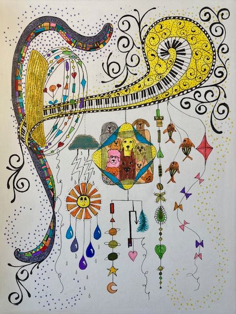 Colorful illustration of a harp with piano keys and hanging ornaments in a whimsical dreamlike style.