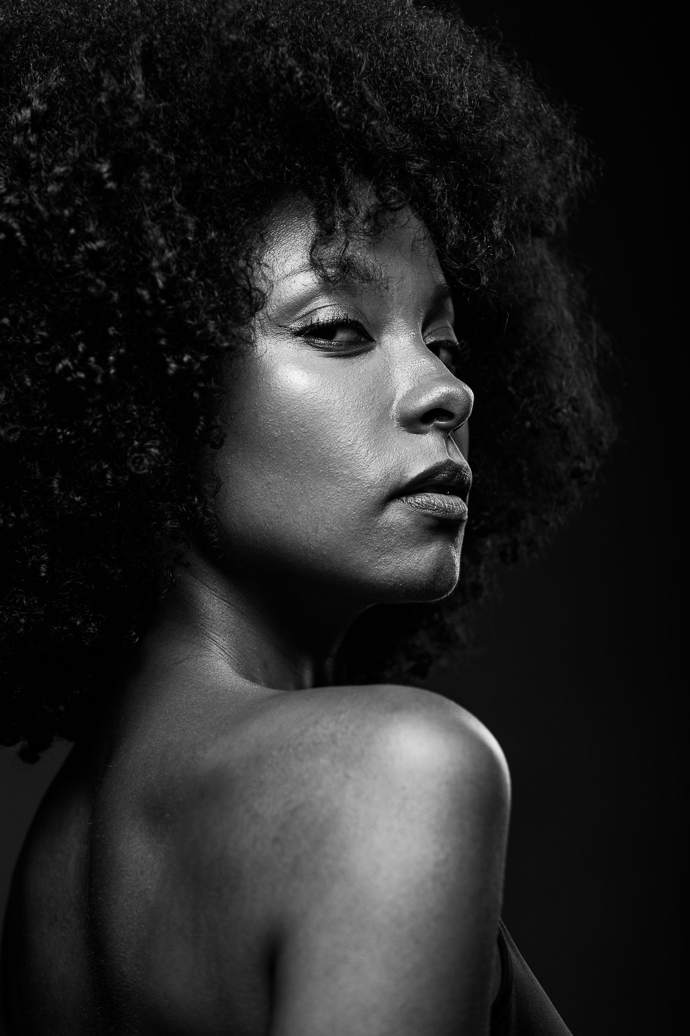 Dramatic black and white profile portrait highlighting natural hair texture and bare shoulders.