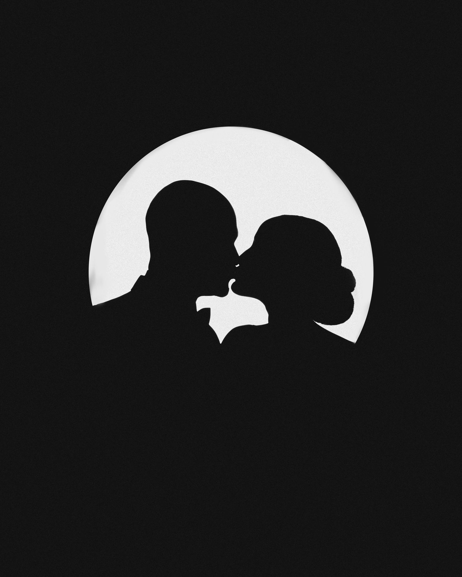 Minimalist black and white silhouette of a couple against a circular white backdrop.