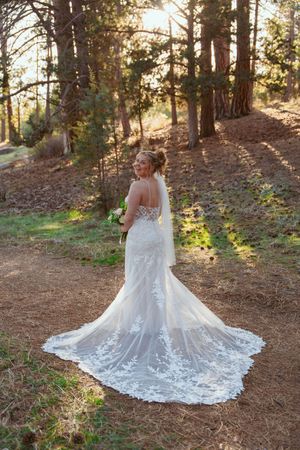 A bride in a lace wedding dress with a long train poses in a sunlit forest setting.