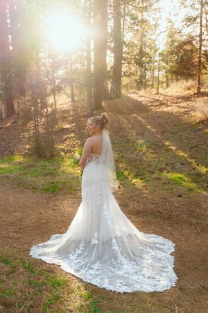 Wedding dress with lace train captured at golden hour in a sunlit forest setting.