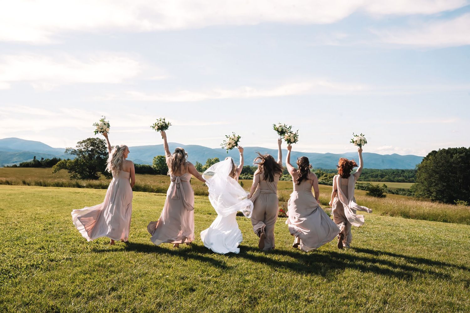 A joyful wedding party leaps into the air on a hilltop meadow with mountains visible in the background.