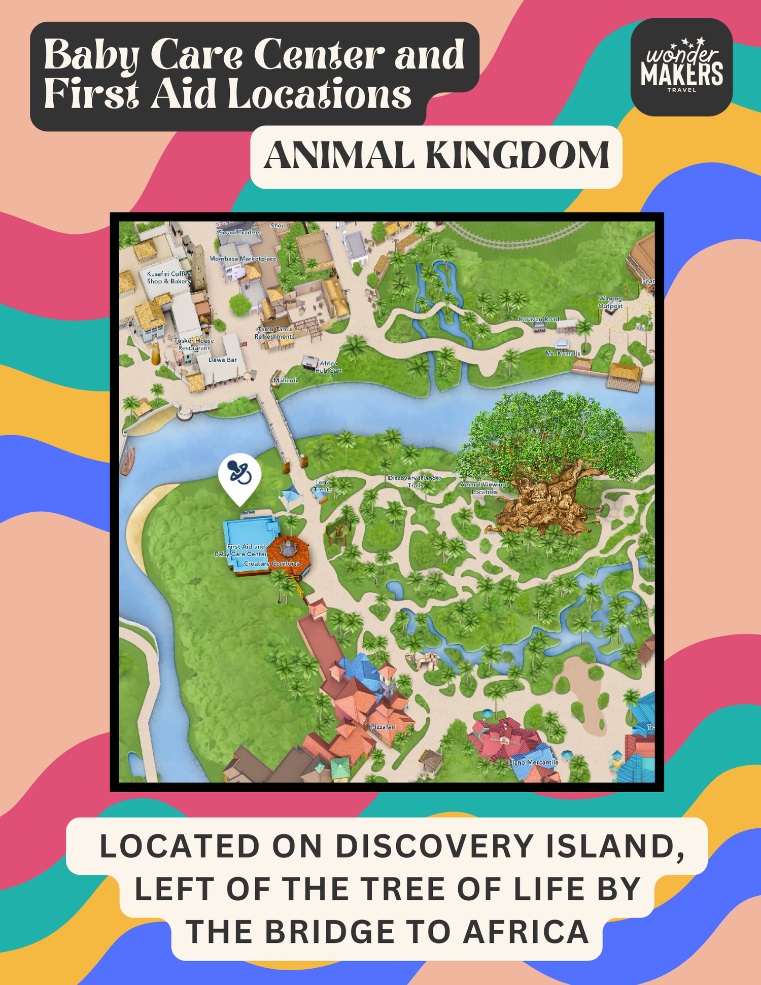 Map showing Baby Care Center and First Aid locations at Disney's Animal Kingdom park.
