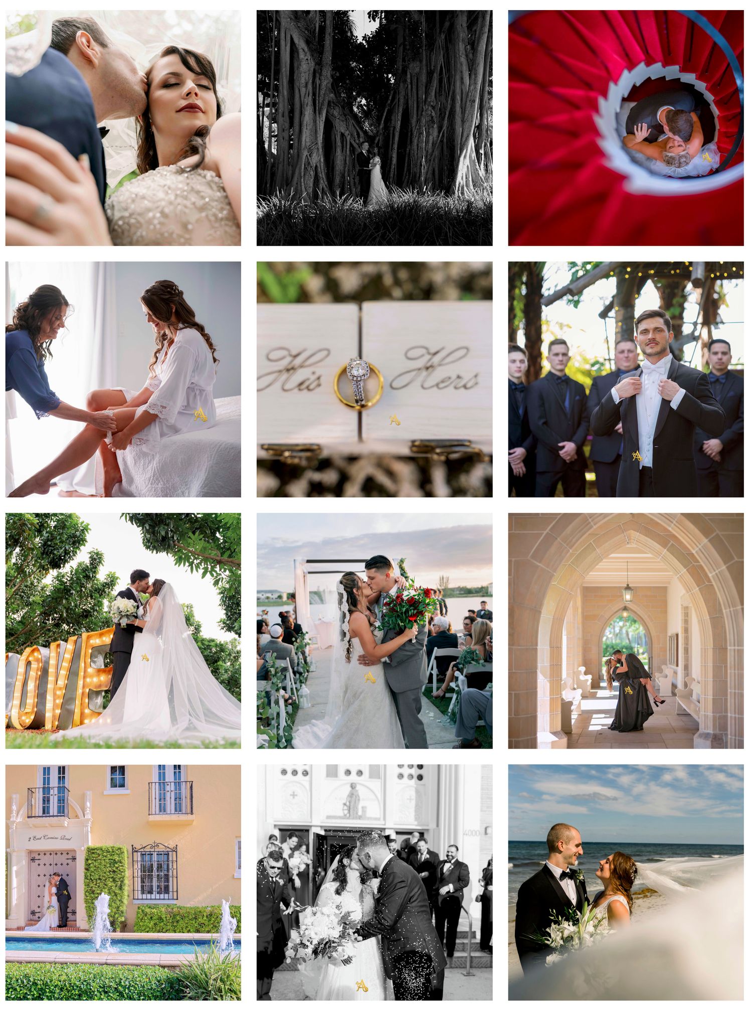 A collection of wedding photography moments featuring romantic poses, venue details, and outdoor celebrations.