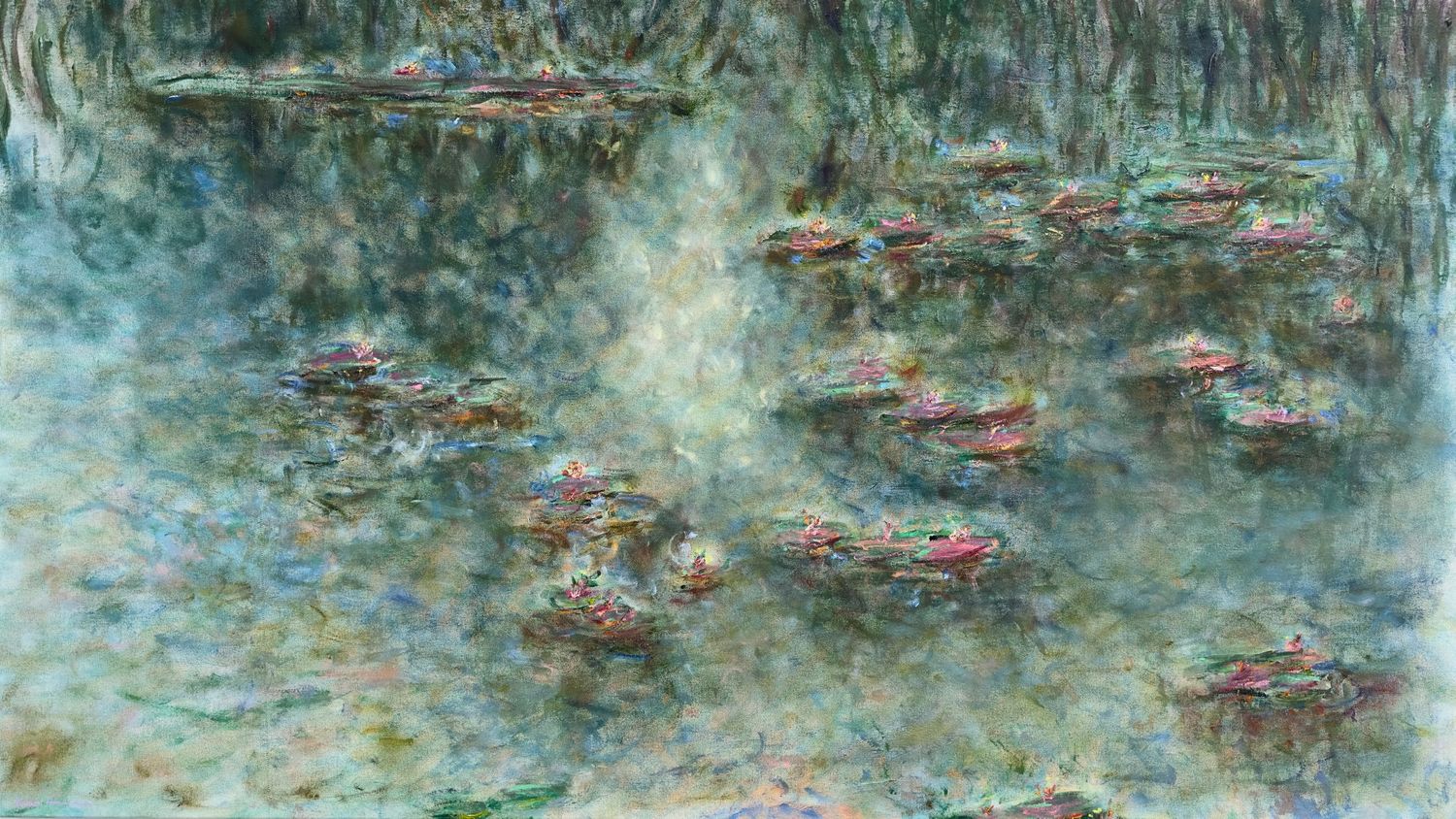 Impressionist painting of water lilies floating on a pond with blue and green reflections in Monet's signature style.