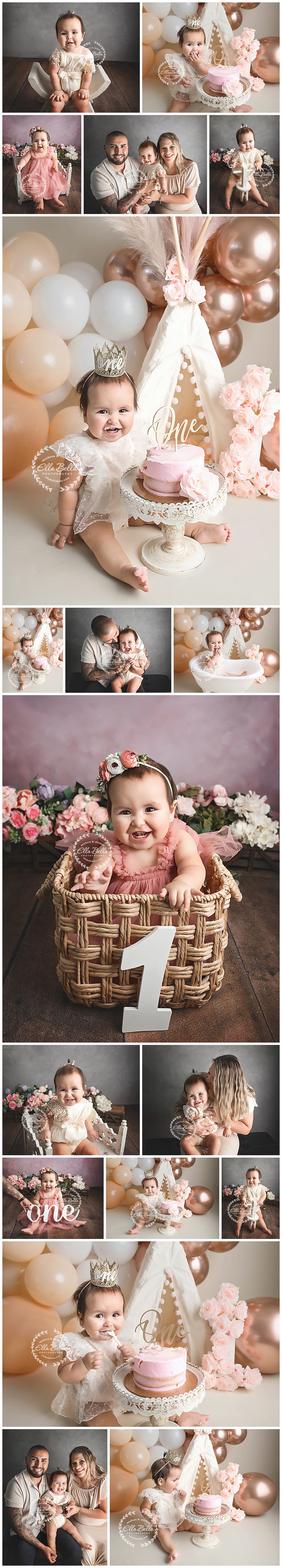 A collection of first birthday photos featuring a baby girl in pink and white with balloons, flowers, and cake smash scenes.