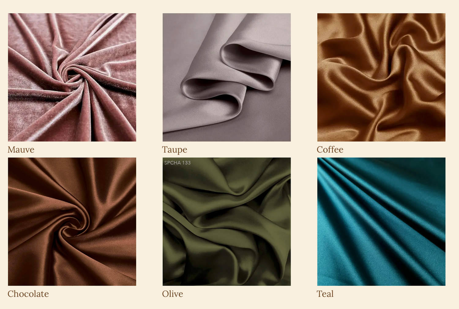 Collection of luxurious silk fabrics in pink, gray, brown, olive green, and teal swatches showing elegant draping patterns.