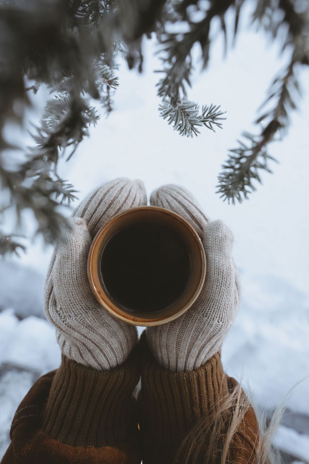 Mittened hands holding a steaming cup of coffee against snowy winter pine branches.