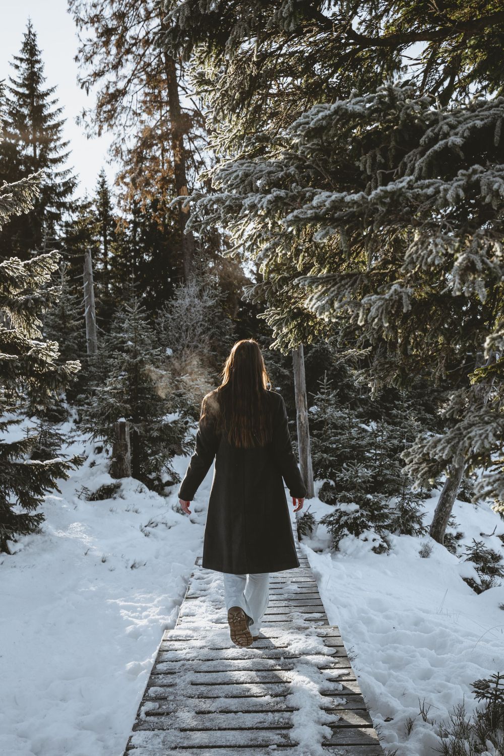 Person walking on a snow-covered wooden boardwalk through a winter forest.