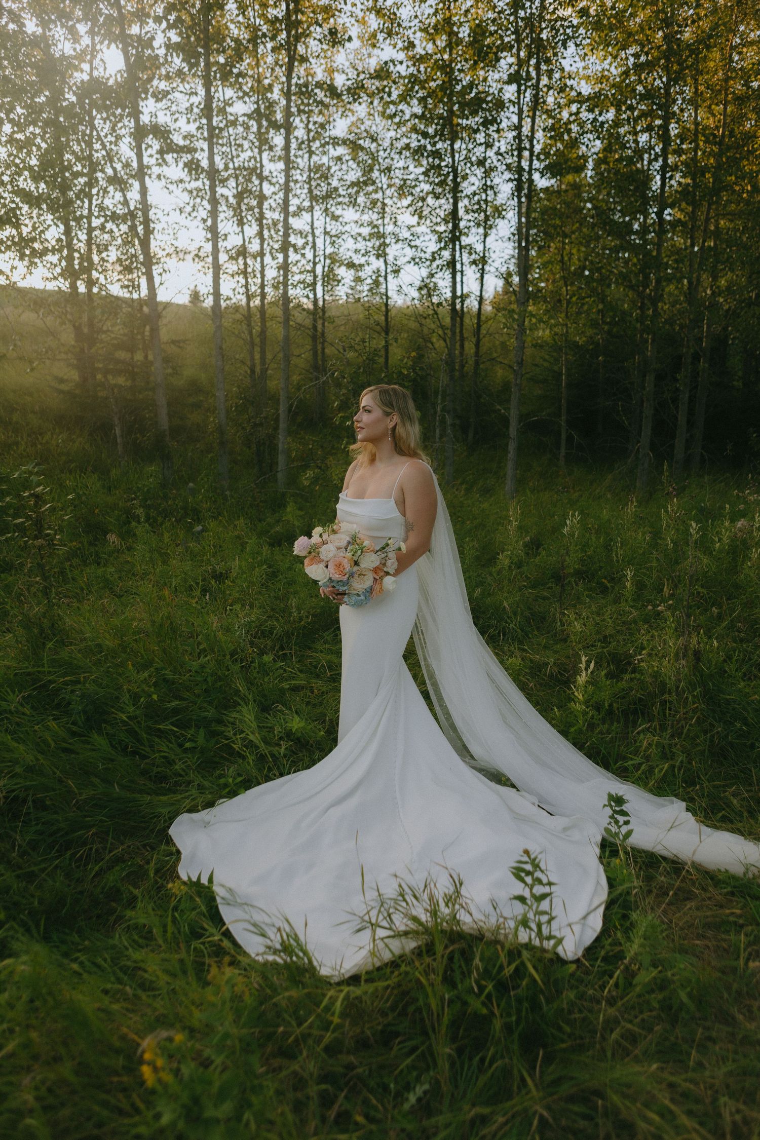 A wedding dress with a flowing train photographed in a sunlit forest setting during golden hour.