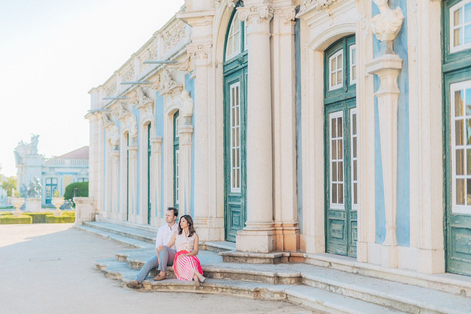 Elegant engagement photoshoot at Queluz Palace. captured by a Portugal destination wedding photographer