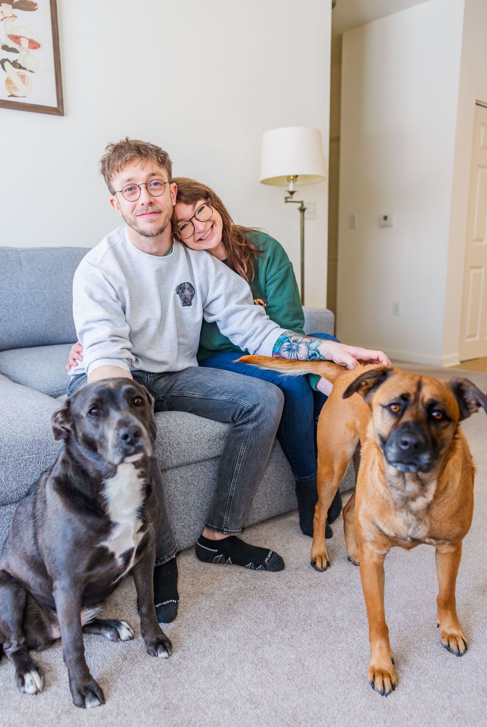 Family poses with their brown and black dogs on grey couch.