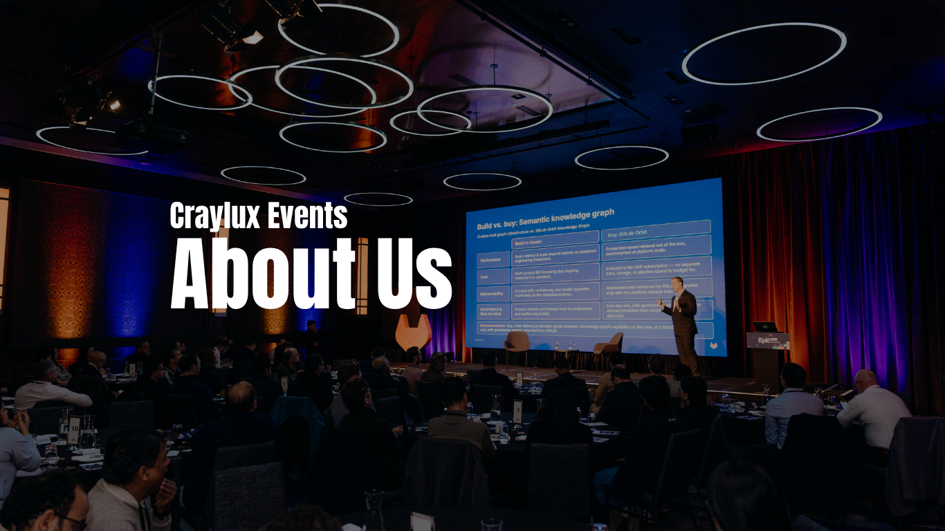 Craylux Events logo in white against black background featuring a geometric design.