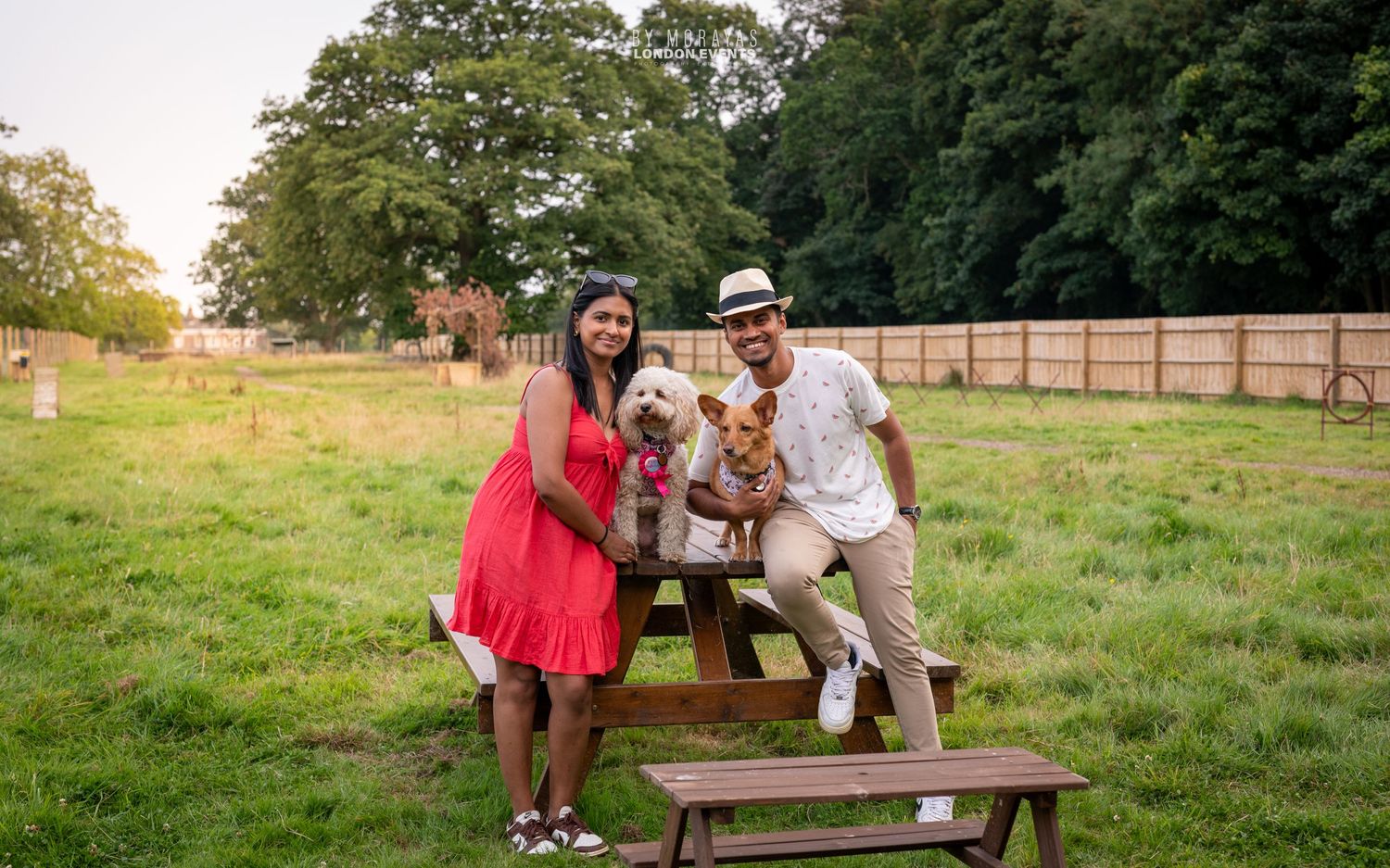 Group enjoying a casual outdoor gathering on wooden benches in a sunny field.