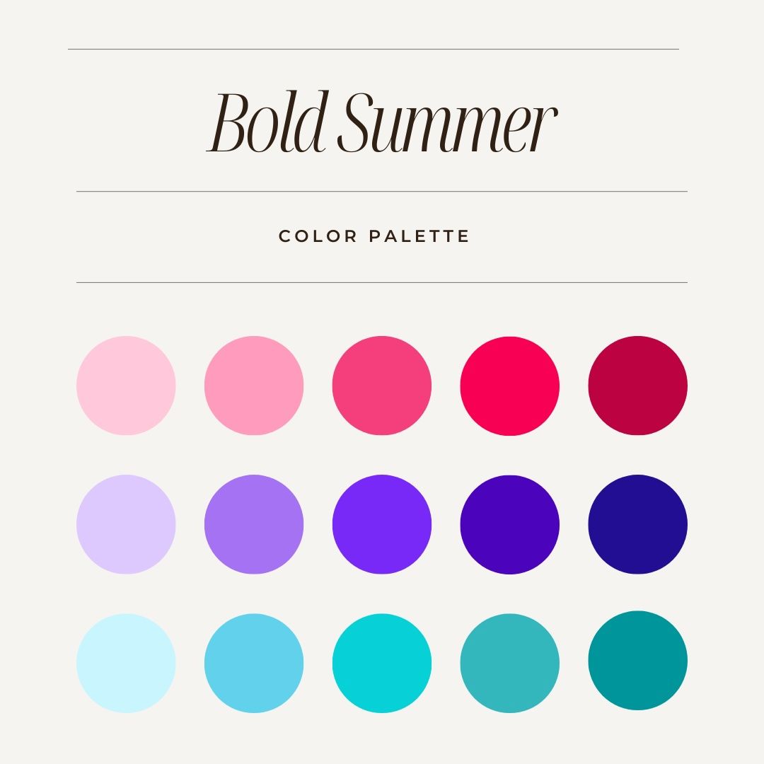 Bold summer color palette with vibrant pinks, purples, and turquoise hues arranged in gradient rows.